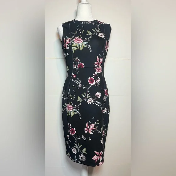 Calvin Klein Floral Sheath Dress Size 6 Black Pink Career Office Midi - Picture 1 of 7